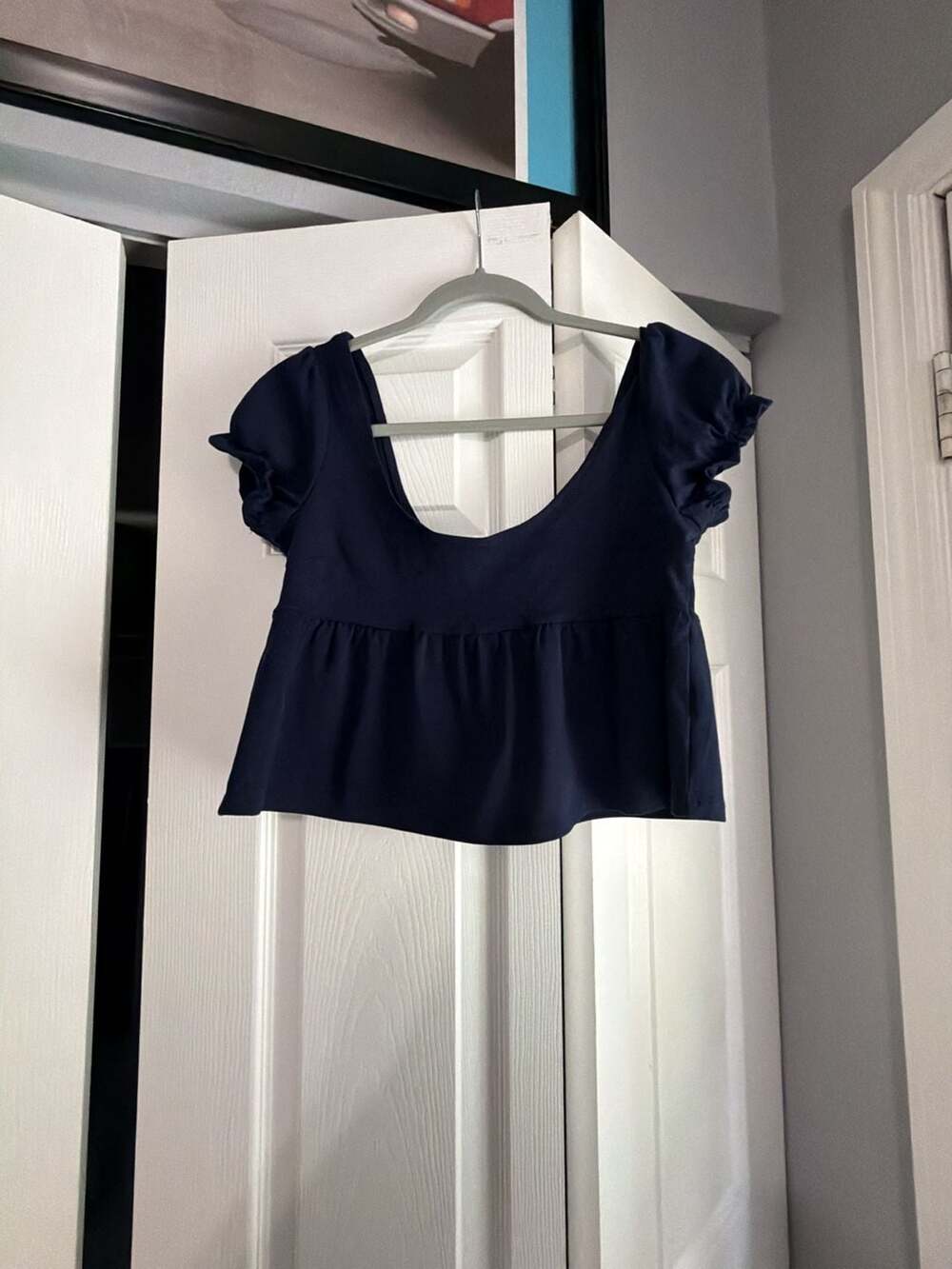 John Galt Blair Navy Blue Short Sleeve Ruffle Detail Peplum Top
